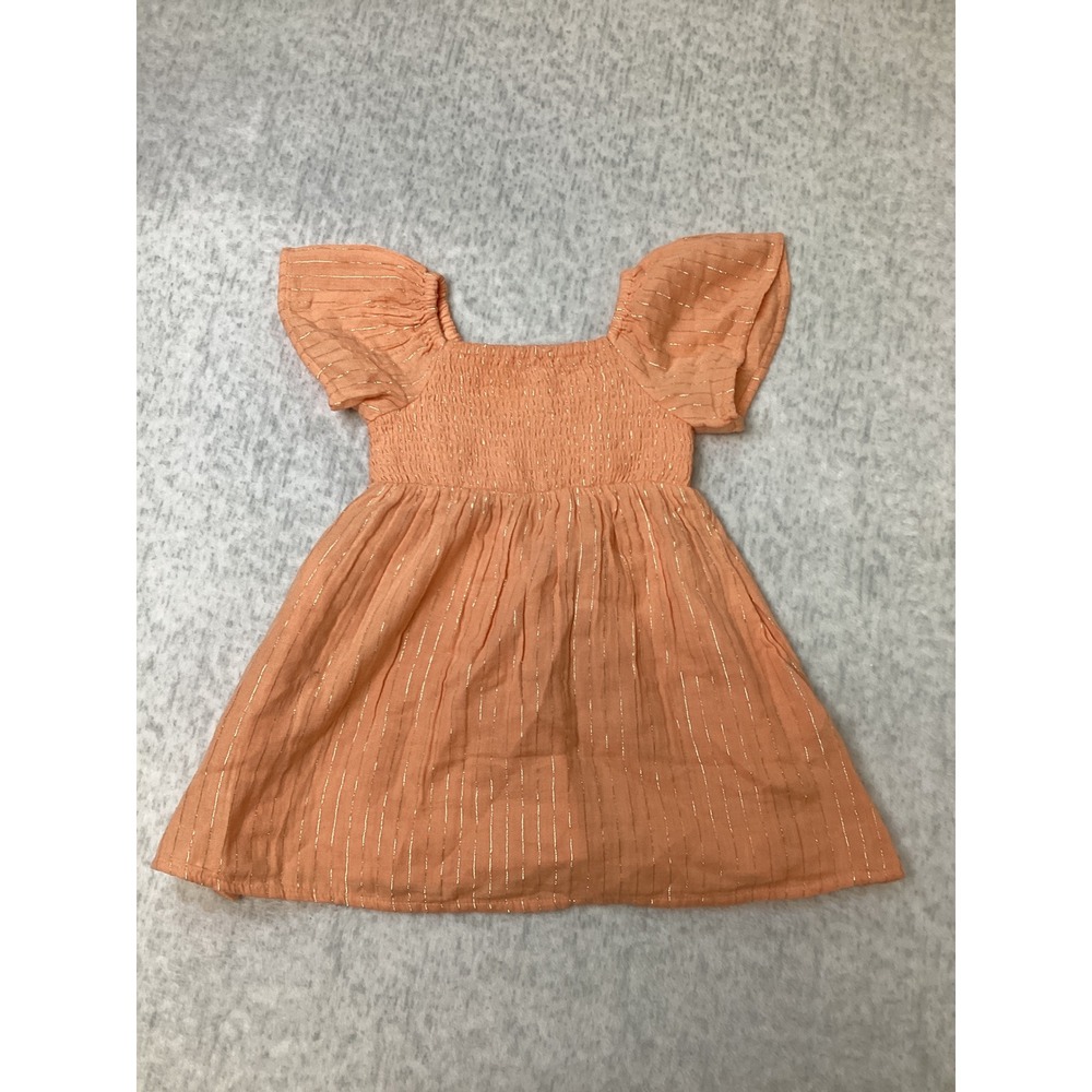 Cat & Jack Peach Gold Metallic Stripe Smocked Flutter Sleeve Dress 3T Toddler